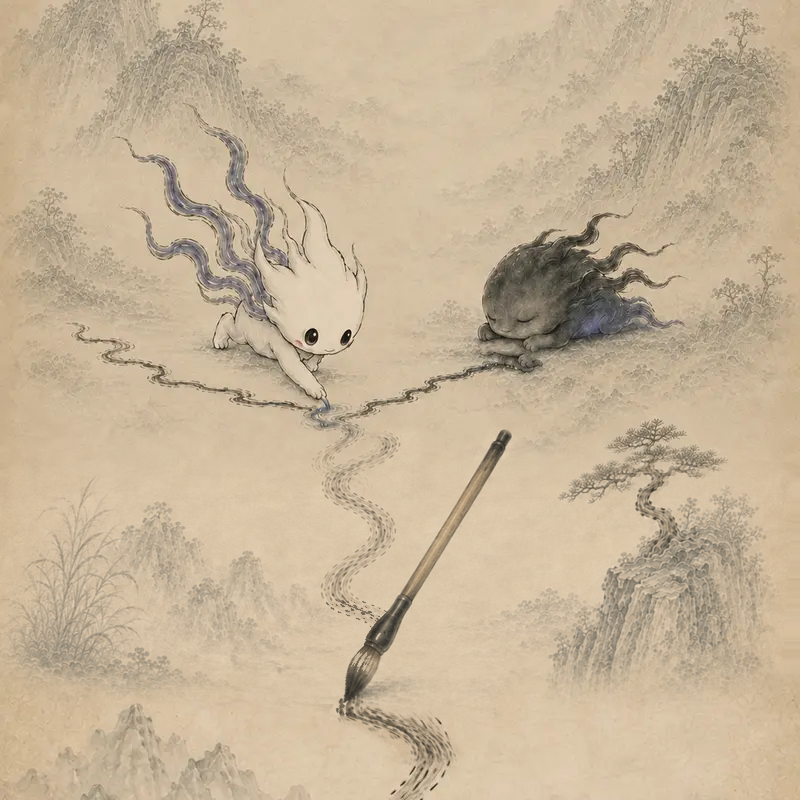 水墨の山あいで一本の線を描くアワイとコチ